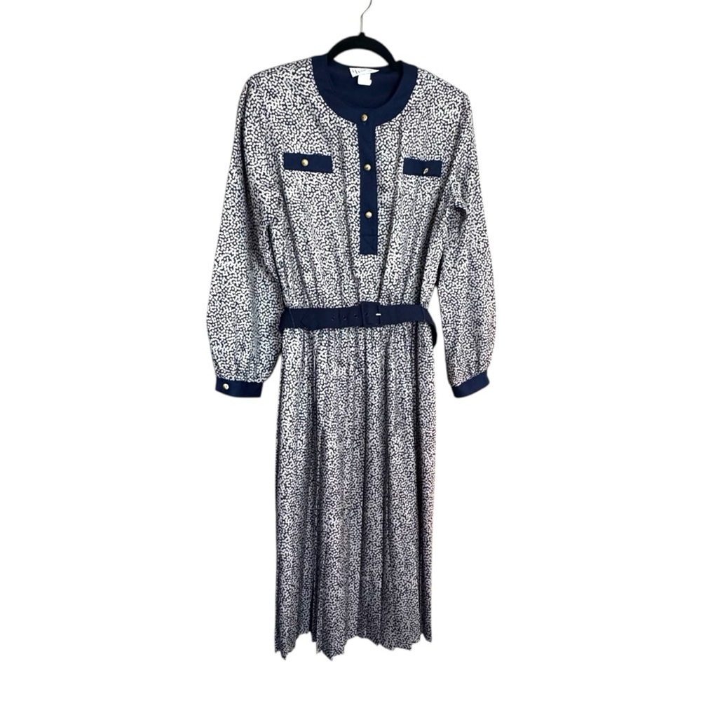 Vintage Hal Hardin Long Sleeve Navy & White Pleated Dress W/ Belt & Gold Buttons